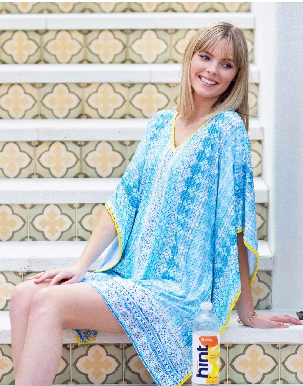 Cabana life blue geo patterned caftan beach cover up tunic dress  L/XL